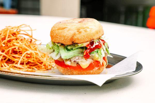 Iberico burger: Iberico pork meat, cheese, lettuce, tomatoes, secret sauce, crustal bread