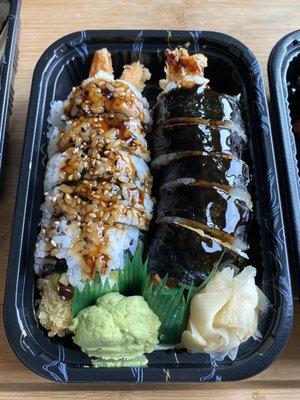 Shrimp tempura roll (house special) and spider roll (house special)