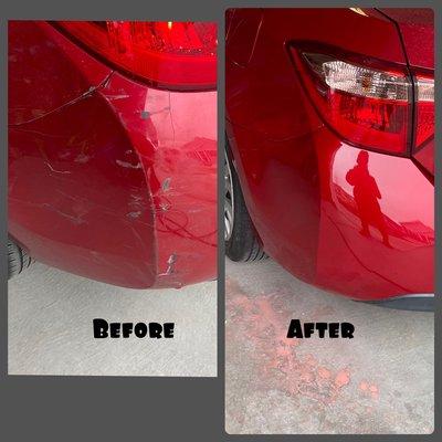 Cracked near tail light , was involved in a hit and run. 

We fixed scrapes and also the crack. Re painted it and blended.