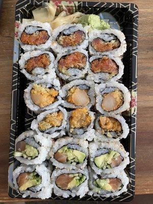 Spicy crunch tuna roll, spicy crunch scallop , & Alaska roll