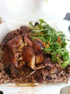 Medium Jerk Chicken Meal, on beans and rice with Jerk Sauce and Salad. $7.50.