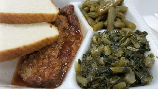 Tender meatloaf with tasty turnip greens and green beans with a little spice.