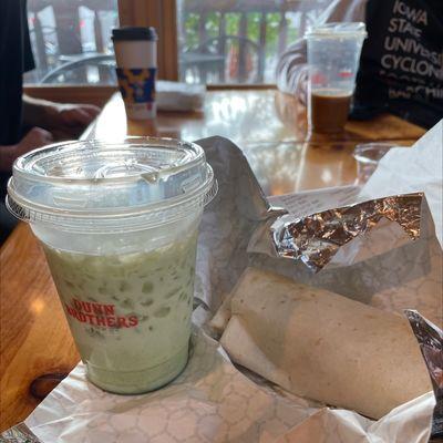 Matcha honey iced latte and turkey bacon burrito wrap