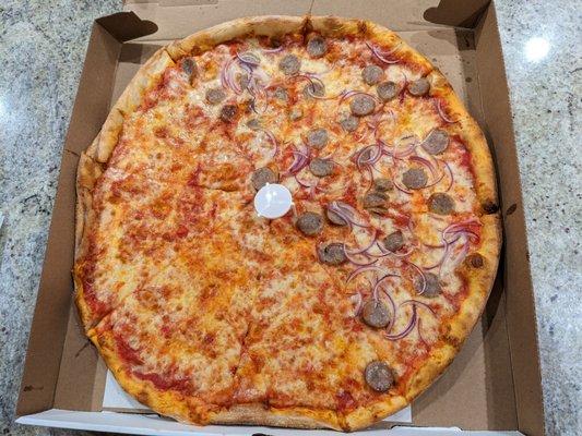 Large pie, half cheese, half sausage and onion