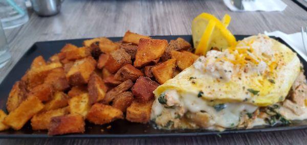 Seafood and Spinach Omelet with home fries