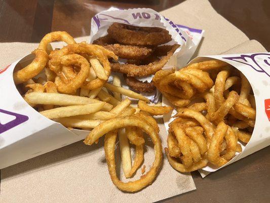 Halfsie Fries, Onion Rings, and Curly Fries.