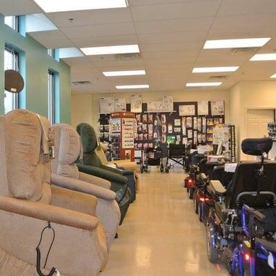 Our Showroom with Golden Lift Chairs and Pride Scooters