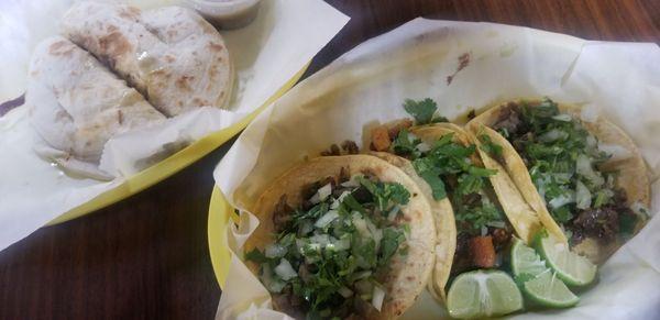 Suadero Gringas and tacos (pastor, cabeza, and lengua).