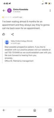 Google review on valley endocrinologist