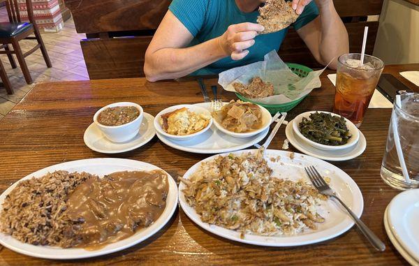 Sweet tea, okra soup, mac and cheese, cabbage, collards, smothered chicken livers, Crab rice meal, fried pork chop