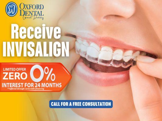 Receive Invisalign with 0% interest for 24 months this October at Oxford Dental! Schedule your free consultation now!