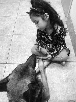 trying to comfort her dog