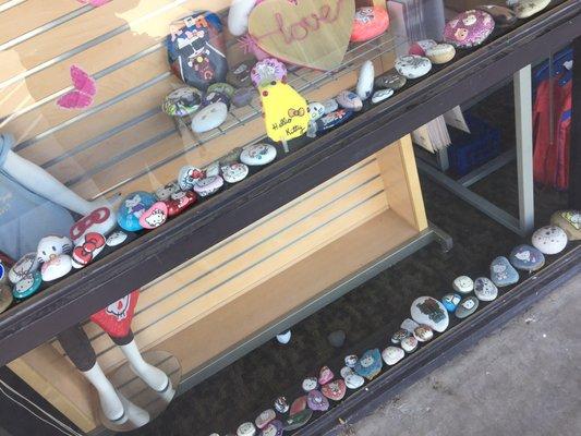 The front window. Lots of Hello Kitty hand painted rocks. Super cute!