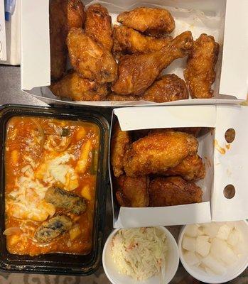 10 pc Wings (spicy), Combo 6 Wings 3 Drumsticks (soy garlic), Tteokbokki, Coleslaw, Pickled Radish