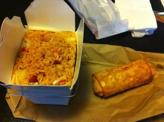 Pint of fried rice and egg roll for under $5.