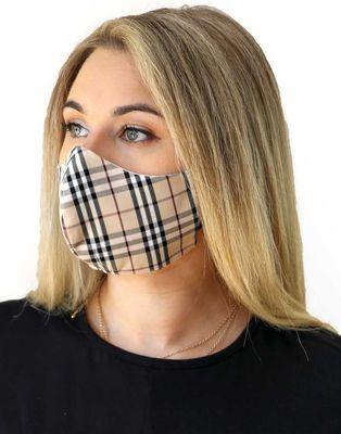 3 Layers Designer Style Face Mask - Designer Beige Check Fabric