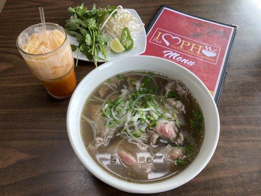 Pho Tai Largest Bowl ($14.99) plus a Thai Ice Tea