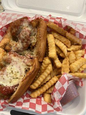 Chicken Parm Sub with fries