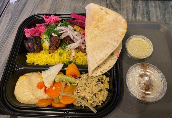 1 Protein Plate. Steak, Rice, Hummus, Pickled Veggies, Quinoa Salad. Pita bread, Zaky sauce