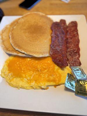 (No. 3) 2 Pancakes, 2 cheese eggs, and 3 turkey bacon