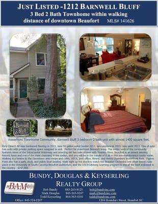 Waterfront Townhome Community. 
 Barnwell Bluff 
 3 bedroom 2 bath unit with almost 1400 square feet.