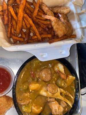 Gumbo and shrimp/ sweet potatoes