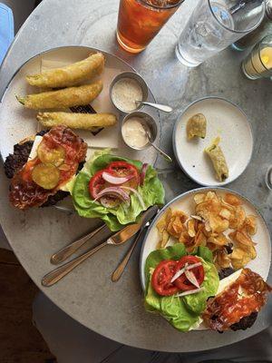 Pappa Smash burgers, deep fried pickles, house made chips.