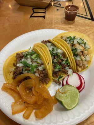 Carnitas and chicken tacos.