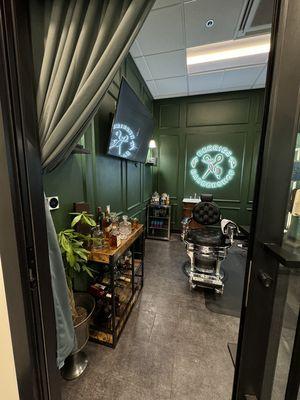 A glimpse of the single chair barbershop, located inside of Sola Salon