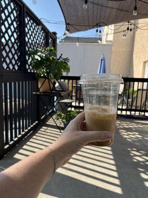 Iced pumpkin pie and cinnamon latte on the back patio!