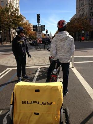 Biking through the center lanes.