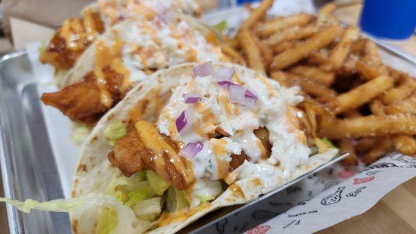 Chicken tacos with bulgogi fries