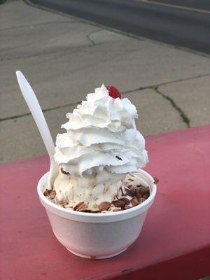 Hot fudge sundae with whip cream and Spanish peanuts!