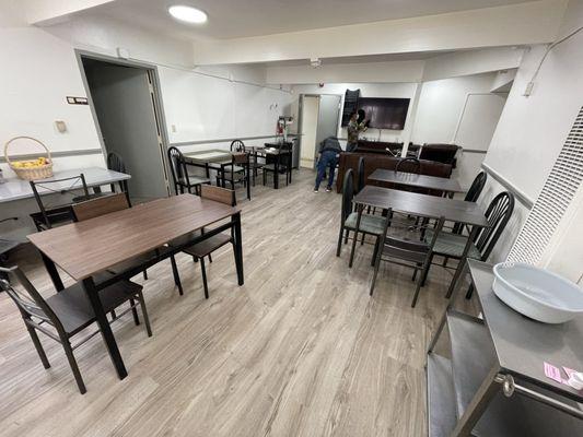 Remodeled dining room area, kitchen, and Reception.