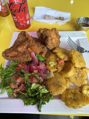 This is "HOUSE KITCHEN's" special fried chicken with fried green plantains(tostones) and a lil salad Magnificent