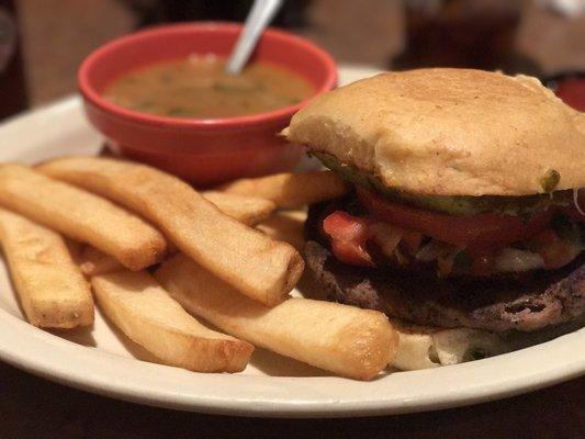 Mexicana Burger with steak fries and Charo beans. Delicious!!!