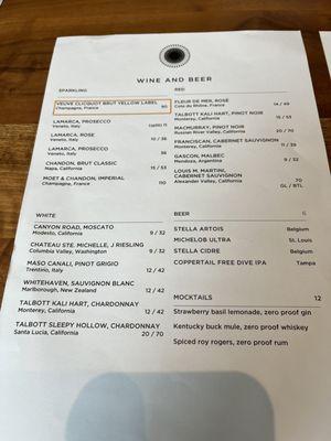 Drinks menu