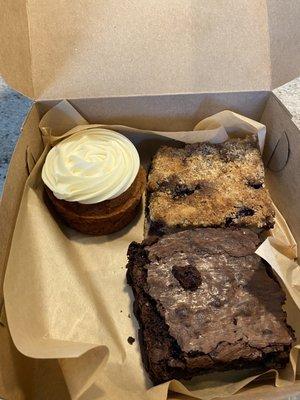 Carrot cake cupcake, blueberry coffee cake, and the best brownie you'll ever eat in your life!