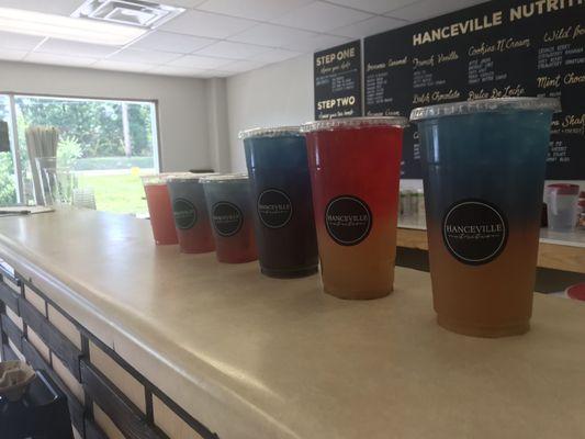 Tea Bombs from left to right: pre workout Watermelon Jolly Rancher, 2x Trolli Worm, Pirates Brew, Cherry Limeade, The American Dream.