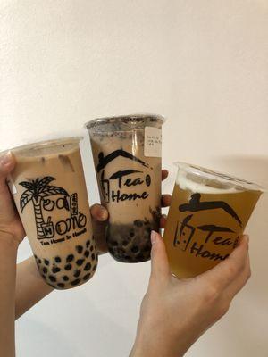 Signature milk tea, Oreo milk tea, and mango fruit tea