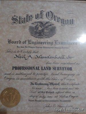 Degree of Land Surveying from Oregon State University circa 1982