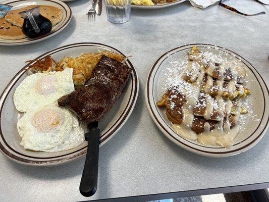 Steak and eggs subbed cinnamon roll French toast for the toast.