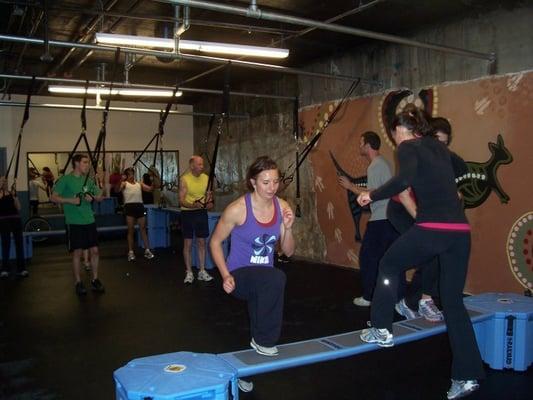 That blue thing?  It's called a railyard - you jump, slide, step, shuffle and play away on it - its loads of fun!