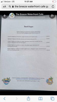 Sweet crepe menu