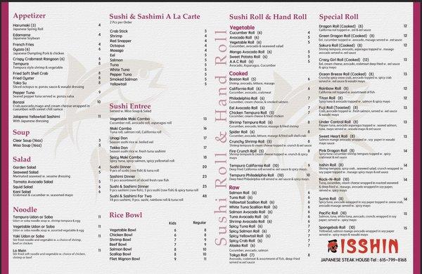 Isshin steak house menu