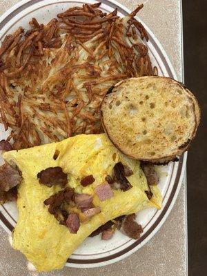 All meat omelette, hashed browns and English muffin