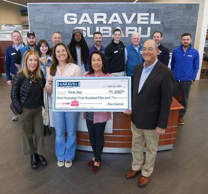 Garavel's Community Partnership donation to local charity, Pink Aid. April 2024.