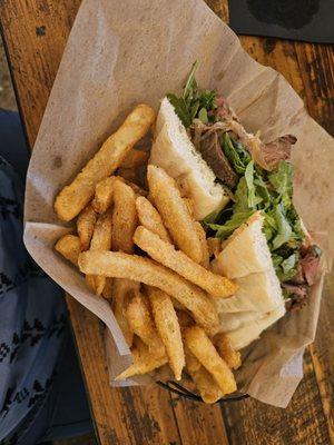 Steak sandwich with the best steak fries cooked medium rare