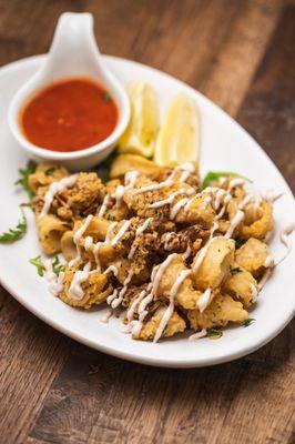 Calamari-Deep fried calamari served with a side of tomato sauce and black olive alioli