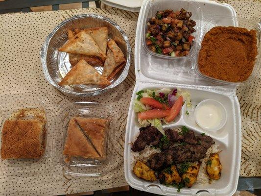 Beef sambusek, eggplant salad, muhammad, mixed grill kebab plate, baklava, knafeh